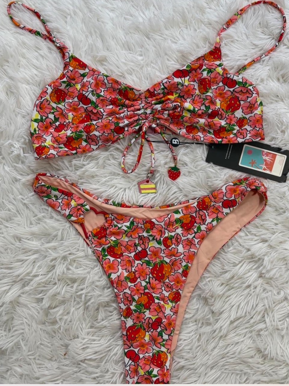 Blackbough Pink Floral Strawberry fruit Print Bikini Set large NWT